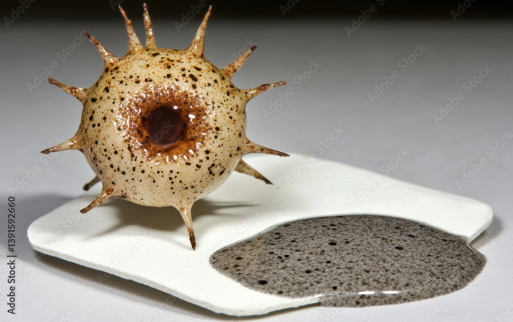 Spiky food sphere on a plate with dark liquid