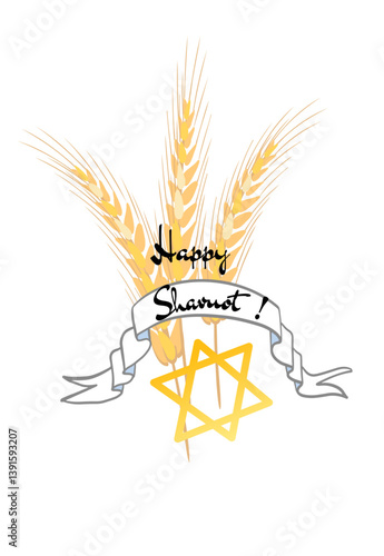 Happy Shavuot. Jewish holiday. A greeting card featuring the wheat harvest of Israel. Vector illustration with a congratulatory message framed by wheat spikelets, set against a white background with a