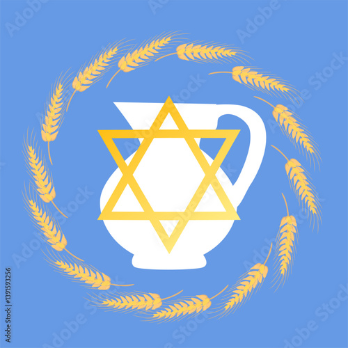 Happy Shavuot. Jewish holiday. A greeting card featuring the wheat harvest of Israel. Vector illustration with a congratulatory message framed by wheat spikelets, set against a white background with a