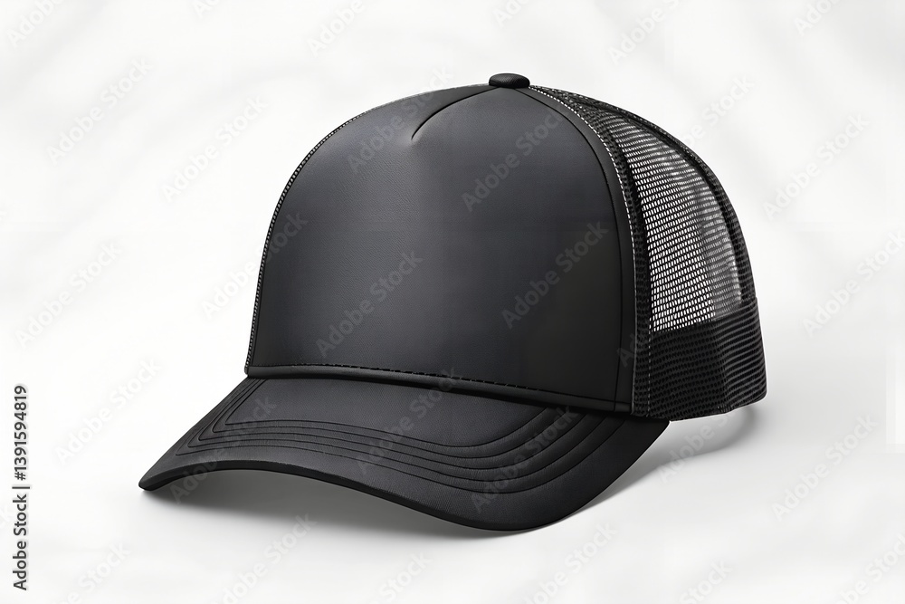 Photorealistic mockup of a matte black trucker cap with mesh back and curved visor on neutral background. Ideal for streetwear branding and custom cap designs.