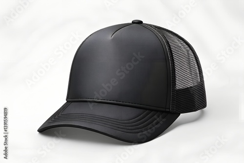 Obraz na płótnie Photorealistic mockup of a matte black trucker cap with mesh back and curved visor on neutral background. Ideal for streetwear branding and custom cap designs. w salonie