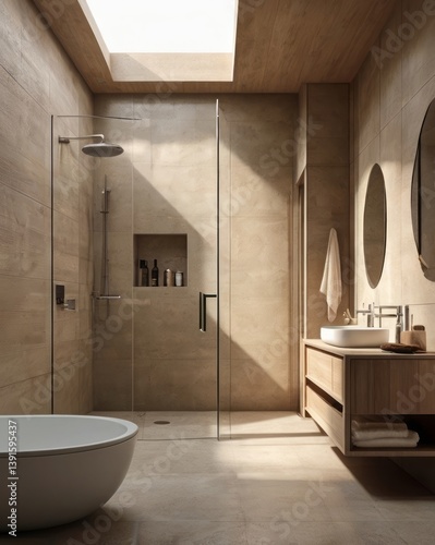 Modern bathroom design showing shower bath and sink in a bright setting