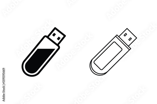 Usb Flash Drive Icon Set Black And White Illustration Minimalist Style