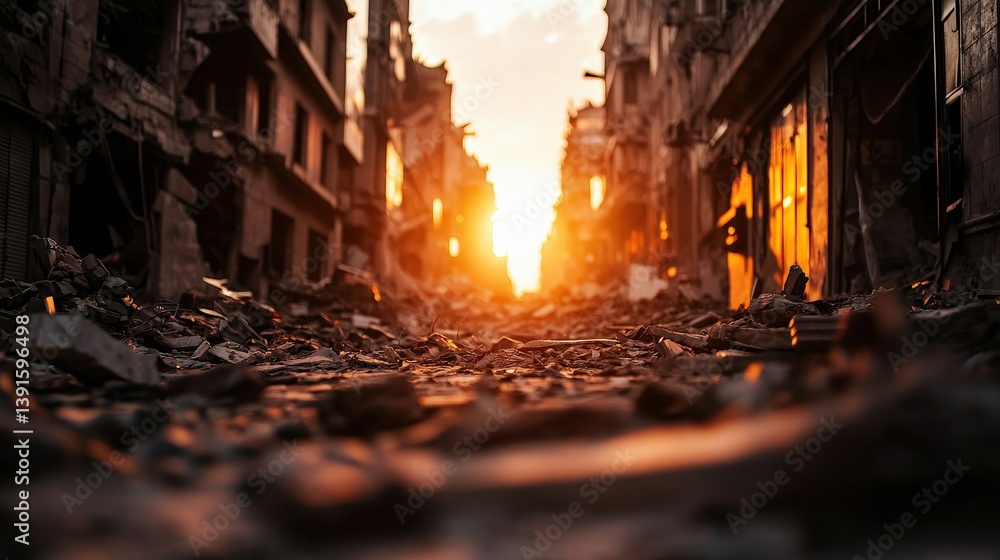 Obraz premium A desolate street at sunset, filled with debris and damaged buildings, creating a stark and haunting atmosphere of destruction.