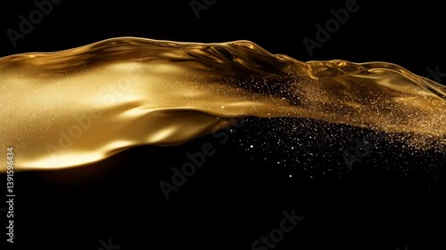 Luxurious golden liquid wave with shimmering particles on a black background. Perfect for luxury branding, abstract motion design, celebration, or elegant visuals.

