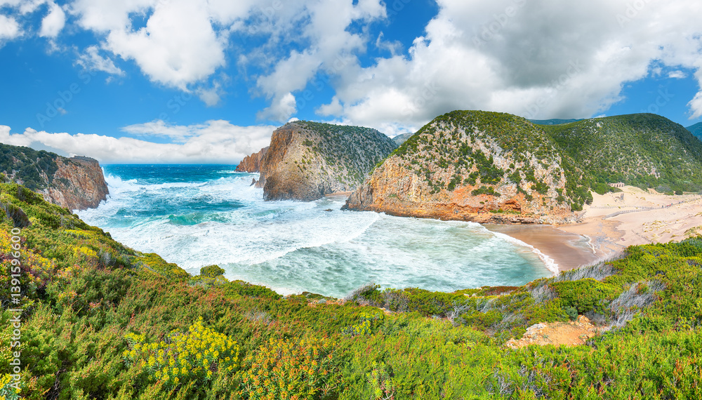 Attractive view of valley Cala Domestica with marvelous sand beach and storm on the sea.