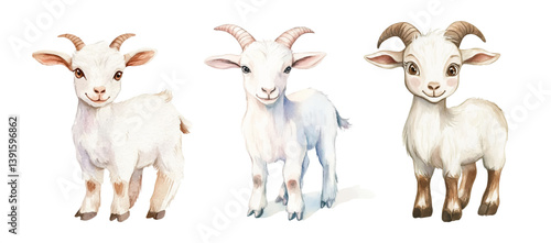 Watercolor set of cute goat drawings. Cute domestic goats and billy goats in cartoon style. Concept of children's characters of domestic and farm animals.