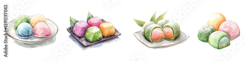 Watercolor set of Japanese mochi. Japanese mochi desserts with filling. Desserts made of rice and berries sprinkled with powdered sugar. Asian desserts and food. Vector illustration.