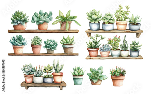 Watercolor set of succulents in pots. Decorative plants for home, office, etc. Indoor plants in pots on shelves. Concept of landscaping, decor of rooms of offices and other premises.