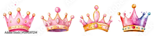 Watercolor set of pink princess crowns. Cute rose gold crowns with pink stones. Accessories for girls. Elements for invitations for a girl's birthday party.