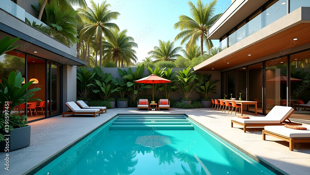 Elegant Tropical Backyard Pool Party: Refined Lounge Areas & Vibrant Aquatic Themes for an Exclusive Summer Experience - Photo Stock Concept with Space for Text Elegant Tropical Backyard Pool Party: Refined Lounge Areas & Vibrant Aquatic Themes for an Exclusive Summer Experience - Photo Stock Concept with Space for Text