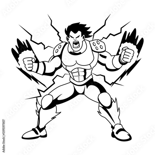 A glyph illustration of an energetic superhero character 
