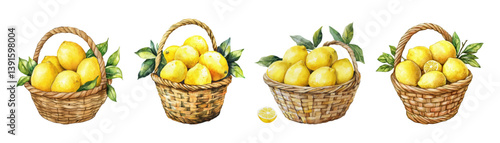 Watercolor set of baskets with lemons. Watercolor wicker baskets with yellow lemons and lemon tree branches. Fresh cirrus fruits. Fruit symbol of Italy.