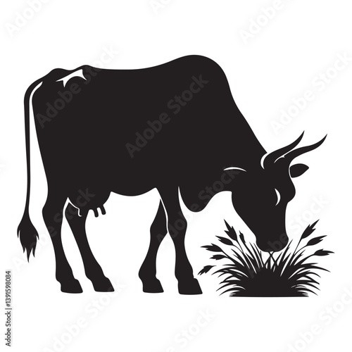 Cow Grazing Grass Silhouette Farm Animal Vector Illustration