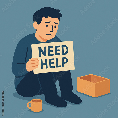 Sad man holding need help sign in flat style with blue background