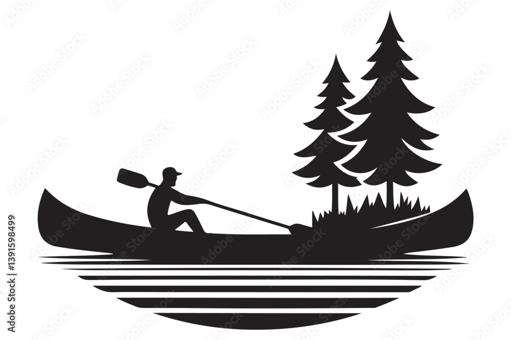 Canoe Silhouette Vector Image Paddling on Lake Adventure Scene Canoe Silhouette Vector Image Paddling on Lake Adventure Scene