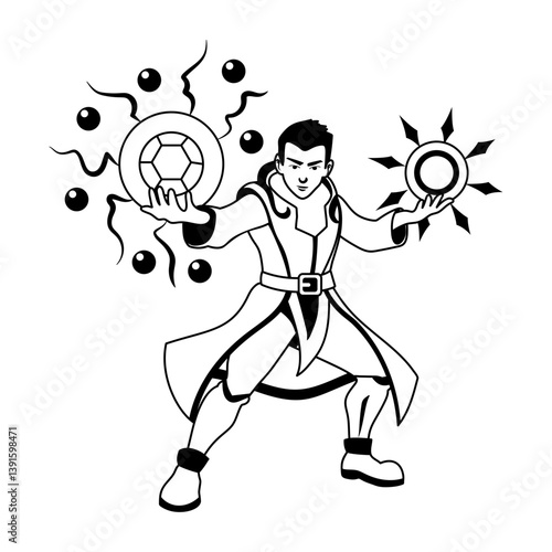 A glyph illustration of a sun mage character 
