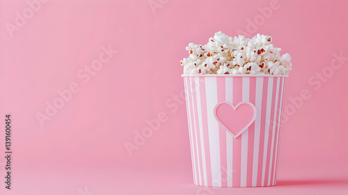 Mouthwatering Popcorn in Pink Stripe Bucket Against Pink Background