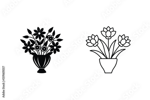 Two Vase Flower Arrangements Simple Vector Design Decorative Floral Elements