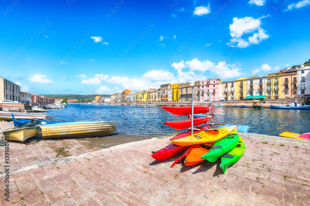 Unbelivable cityscape of Bosa town on Temo river.