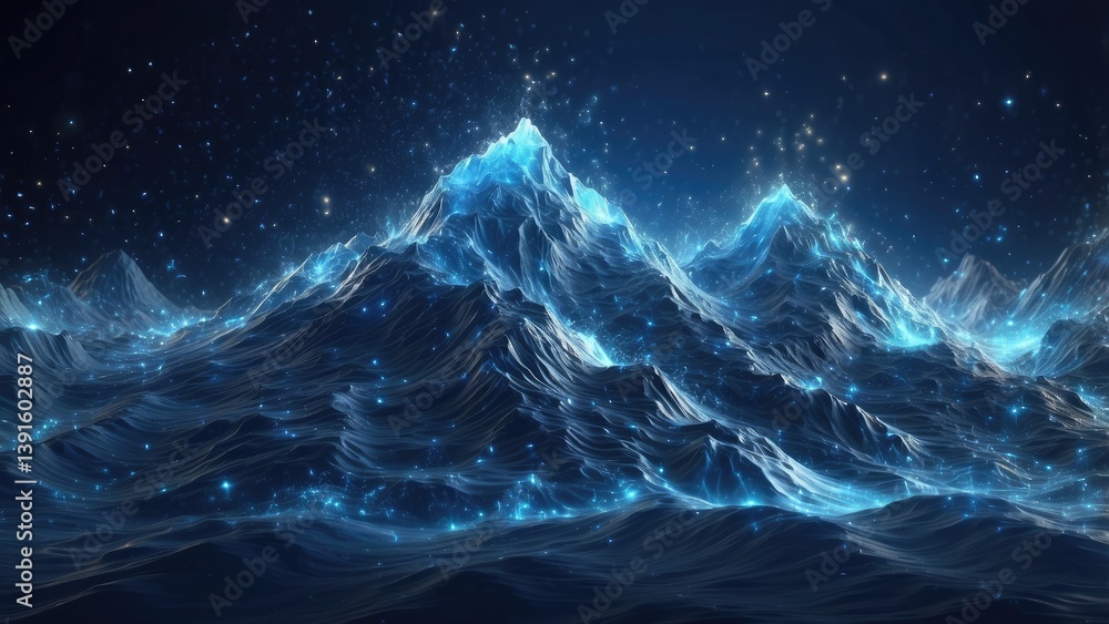 Fototapeta premium Abstract digital landscape with interconnected blue dots and lines forming a wavy