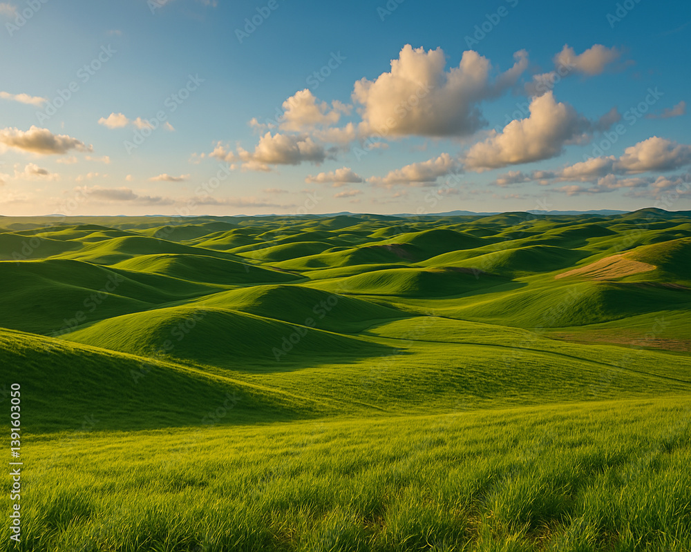 Obraz premium Scenic Rolling Green Hills Under Blue Sky at Sunset