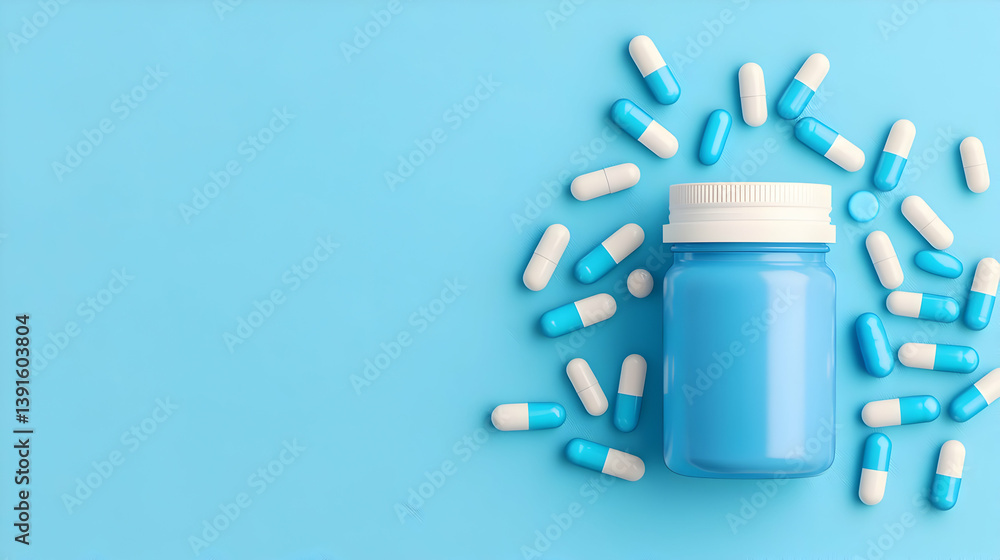 Fototapeta premium Blue and White Pills in a Container on Blue Background