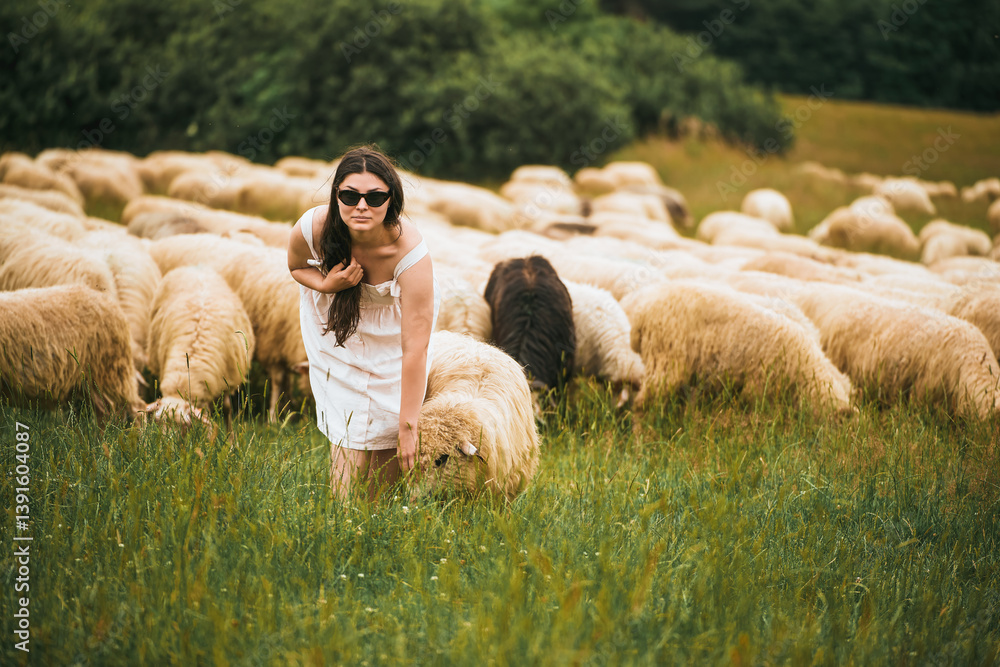 Lady in sunglasses walking through rural sheep field