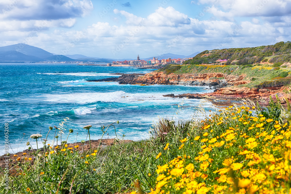 Amazing spring cityscape of Alghero town at morning.