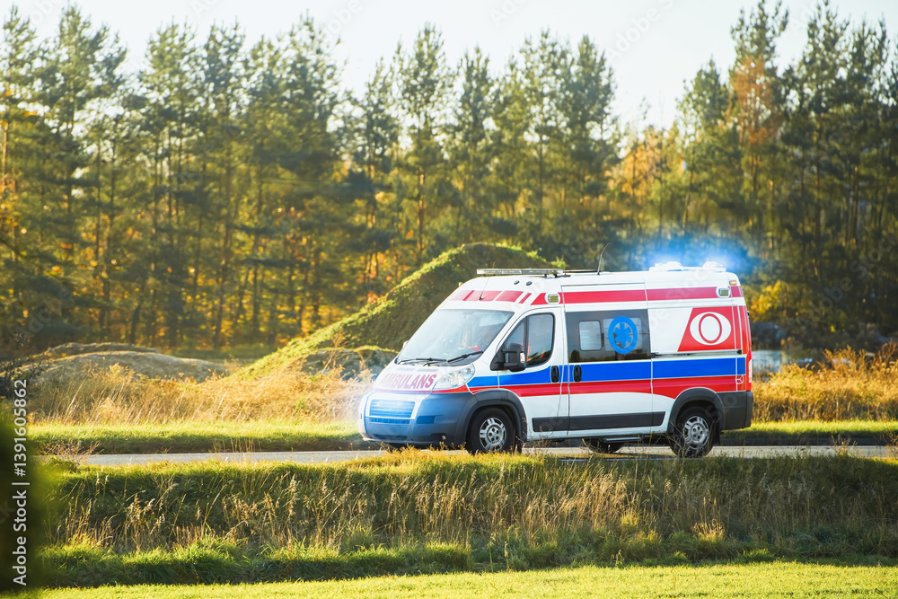 Emergency response van driving natural scenery