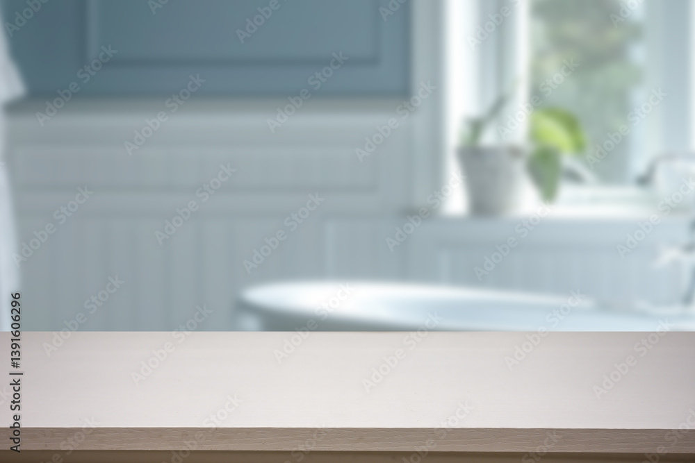 Obraz premium Empty marble top table with blurred bathroom interior Background. for product display.