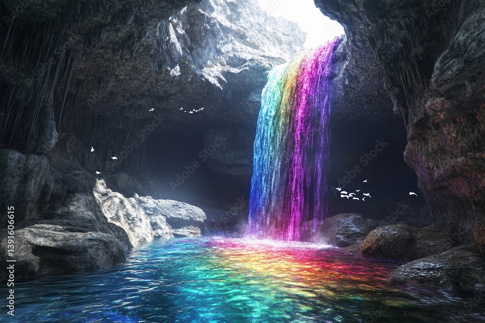Obraz premium Colorful waterfalls cascade in a serene cave with rainbow hues and tranquil waters
