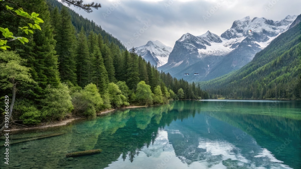 Fototapeta Changbai's snow-capped peaks reflect in Jilin's tranquil lake, a breathtaking natural scene.