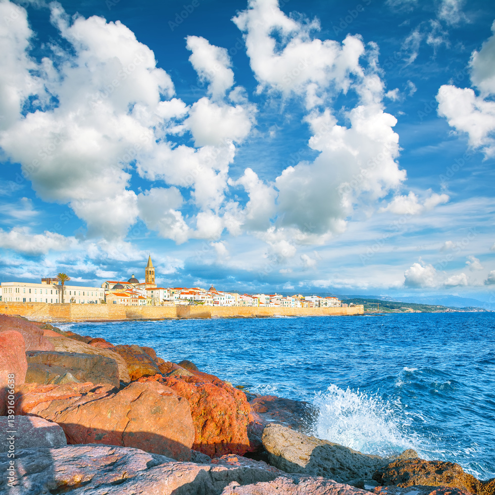 Astonishing evening cityscape of historical part of Alghero town.
