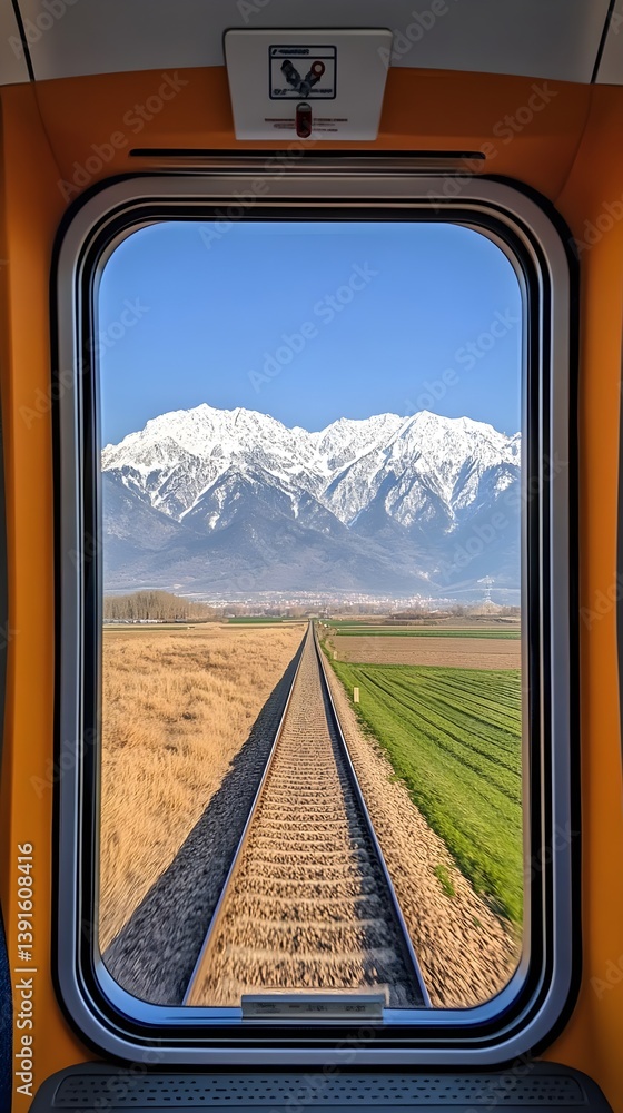 Fototapeta premium Scenic Train Journey Through Fields Towards Majestic Snow Capped Mountains
