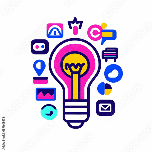 Obraz na płótnie Creative Lightbulb Illustration with Diverse Iconic Elements w salonie
