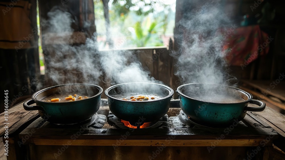 Steaming Pots of Food Cooking on Rustic Wood Stove Authentic Rural Kitchen Scene Steaming Pots of Food Cooking on Rustic Wood Stove Authentic Rural Kitchen Scene