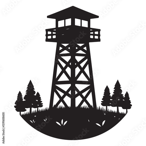 Silhouette fire lookout tower on hilltop with trees vector graphic