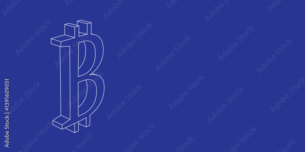 The outline of a large bitcoin symbol made of white lines on the left. 3D view of the object in perspective. Vector illustration on indigo background The outline of a large bitcoin symbol made of white lines on the left. 3D view of the object in perspective. Vector illustration on indigo background