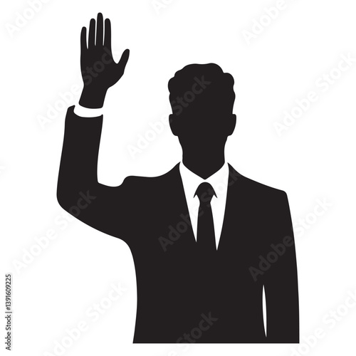 Silhouette of businessman with raised hand taking oath offering help