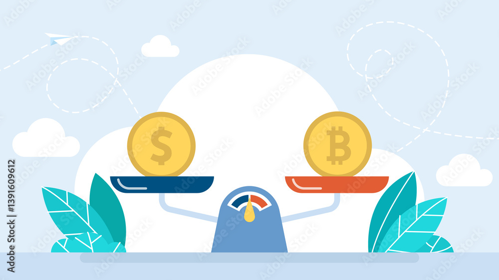 Fototapeta premium Balance Dollar VS Bitcoin. Bitcoin and dollar on a scales. Crypto value measurement. Money on weight scale. Price and worth concept. Crypto currency value growth. Flat illustration