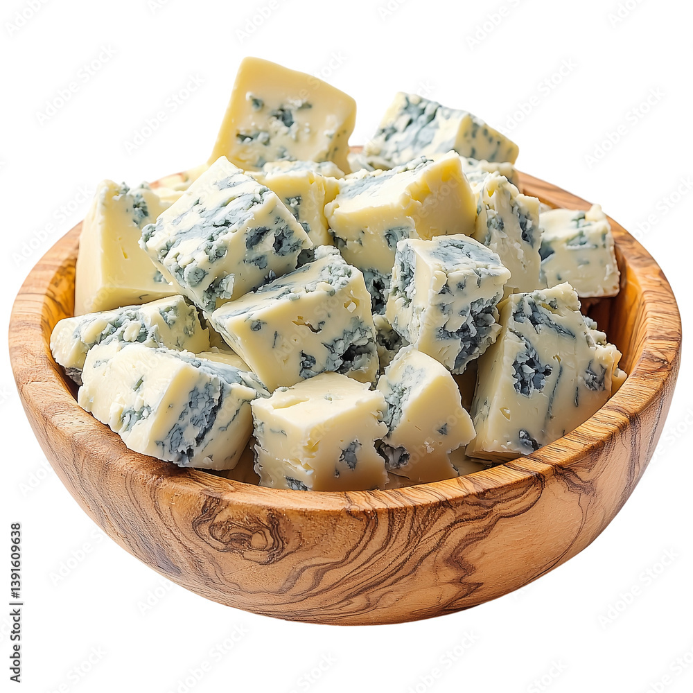 Delicious blue cheese cubes in a wooden bowl gourmet isolated on transparent  background png