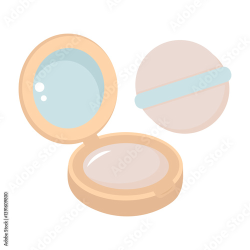 Face powder with mirror and makeup sponge. Cosmetic powder compact. Cartoon flat illustration.
