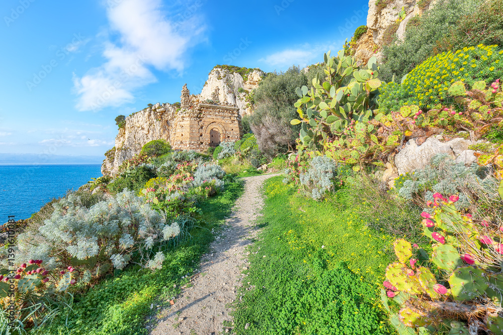 Scenic spring view on the the cape Milazzo panorama of nature reserve Piscina di Venere.