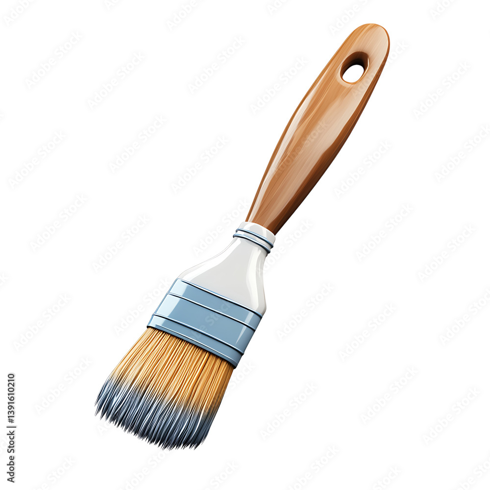 A 3D illustration of a paintbrush with a natural wooden handle and smooth bristles, detailed with metallic bands and isolated on a dark background in clean style