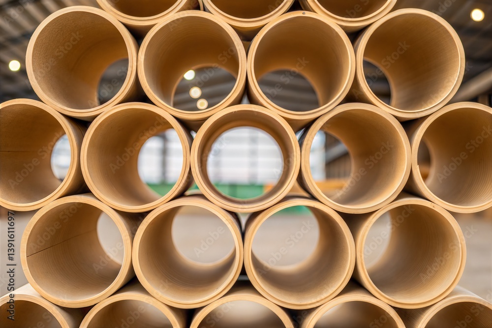 Stacked Cardboard Tubes in Industrial Setting Stacked Cardboard Tubes in Industrial Setting