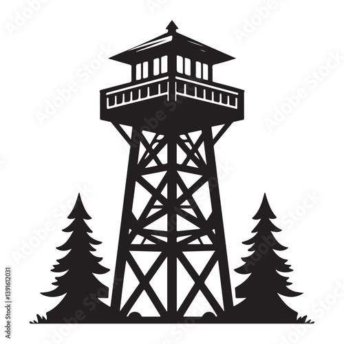 Majestic Forest Fire Lookout Tower Silhouette Among Evergreen Trees Illustration