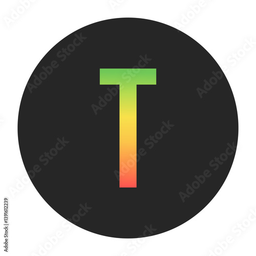 Stylish T Capital letter in gradient hues of green to red inside a solid black circle. Great for modern branding, tech logos, and digital art themes.