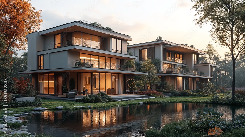 Luxurious modern homes nestled by tranquil pond at sunset warm lighting autumnal backdrop Luxurious modern homes nestled by tranquil pond at sunset warm lighting autumnal backdrop