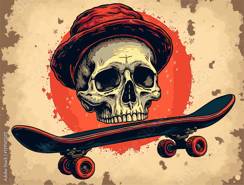 A detailed illustration features a skull adorned with a red hat, resting on a skateboard against a textured backdrop. The design conveys a blend of edgy and retro influences.